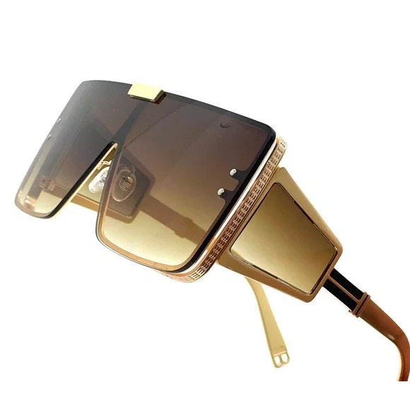 Shield Sunglasses Futuristic Visor Gold Frame Brown Lens Fashion Luxury Model - Picture 3 of 12